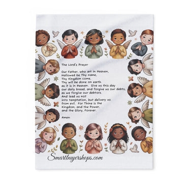 Prayer Blanket with 'The Lord’s Prayer' and Diverse Praying Children — Cozy Arctic Fleece