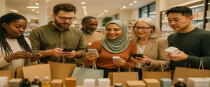 Diverse people reflecting the store name